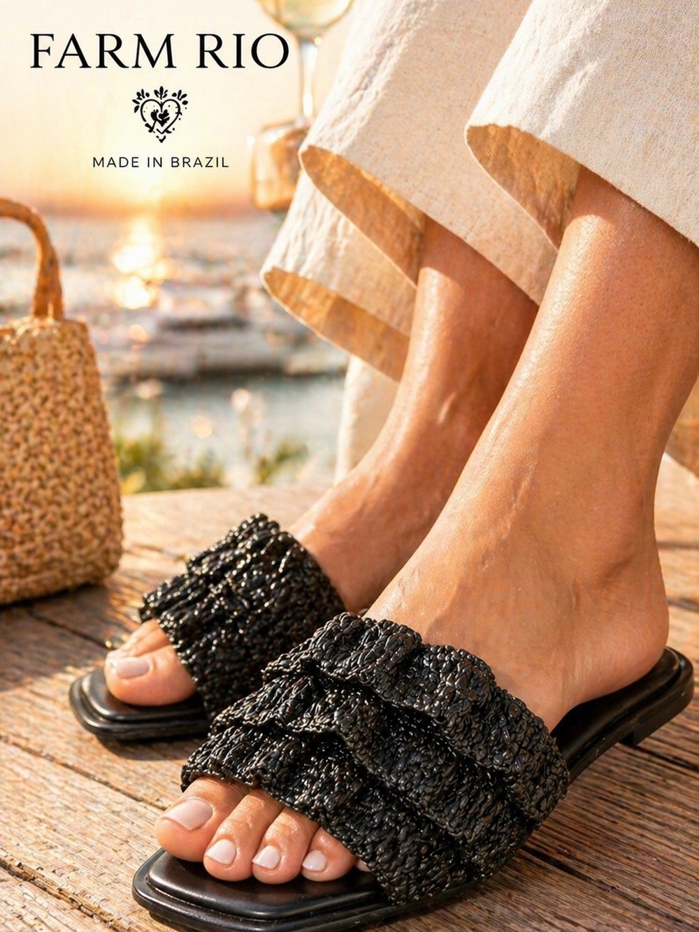 Farm Rio,Ruffle Crochet Slide Sandals,Tri-Layered Weave,w/Farm-Rio Bag, Size 8